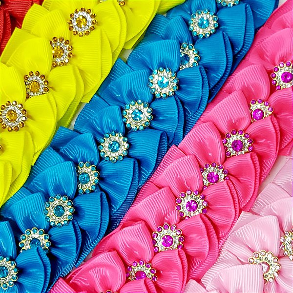 Laço Fuxico Folha Pedraria Mod.2 - 10 unidades