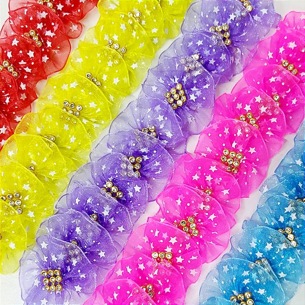 Laço Fuxico Voil Estrela Strass - 10 unidades