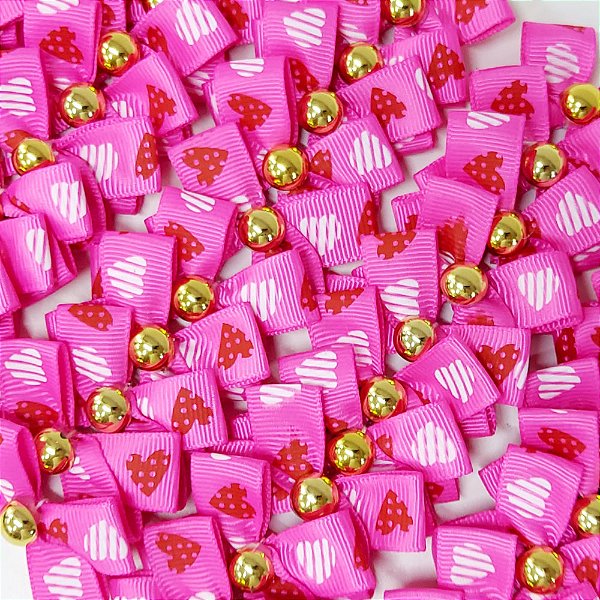 Laço X Estampado Coração Pérola Ouro - 10 unidades