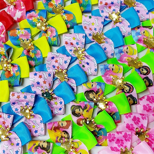 Laço X Duplo Estampado Chaton Coroa - 10 unidades