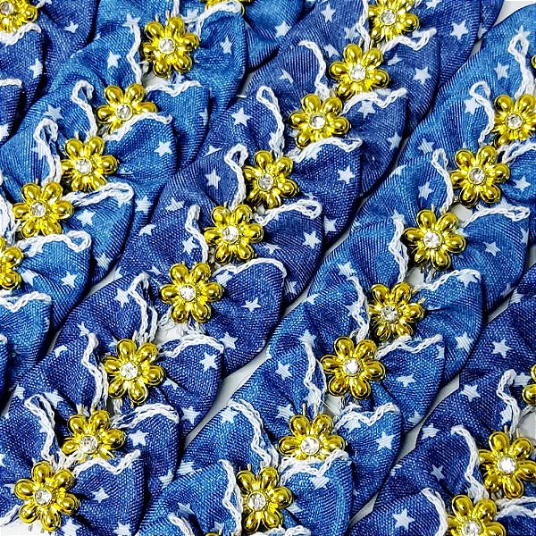 Laço Borboleta Jeans Pedraria Flor Ouro - 10 unidades