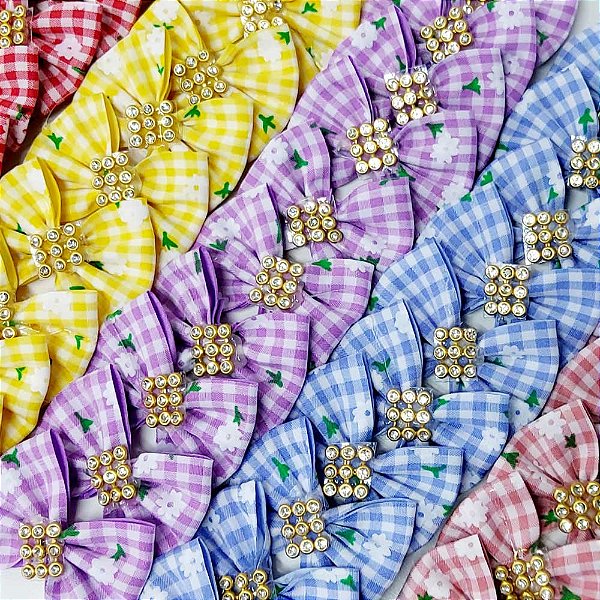 Laço Borboleta Estampado Xadrez Floral Strass - 10 unidades