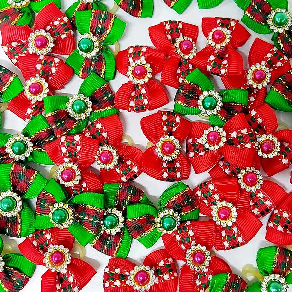 Laço Borboleta Duplo Estampado Pedraria Natal Mod.2 - 10 unidades