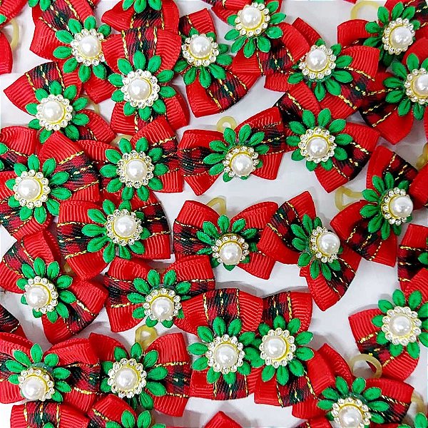 Laço Borboleta Duplo Estampado Florzinha Pedraria Natal Mod.1 - 10 unidades