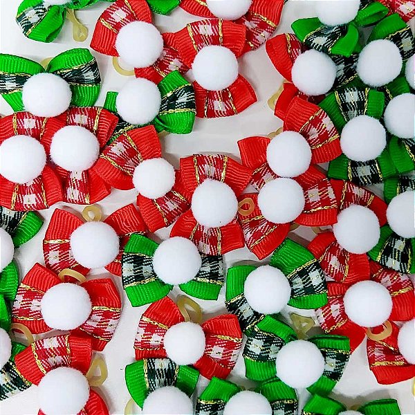 Laço Borboleta Duplo Estampado Pompom Natal - 10 unidades