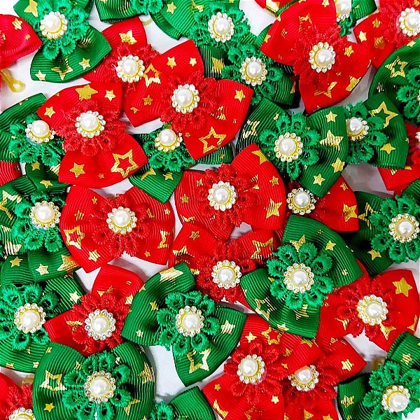 Laço Borboleta Estampado Guipir Pedraria Natal - 10 unidades