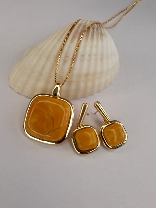 Conjunto de colar e brincos folheados a ouro com pedra ágata amarela