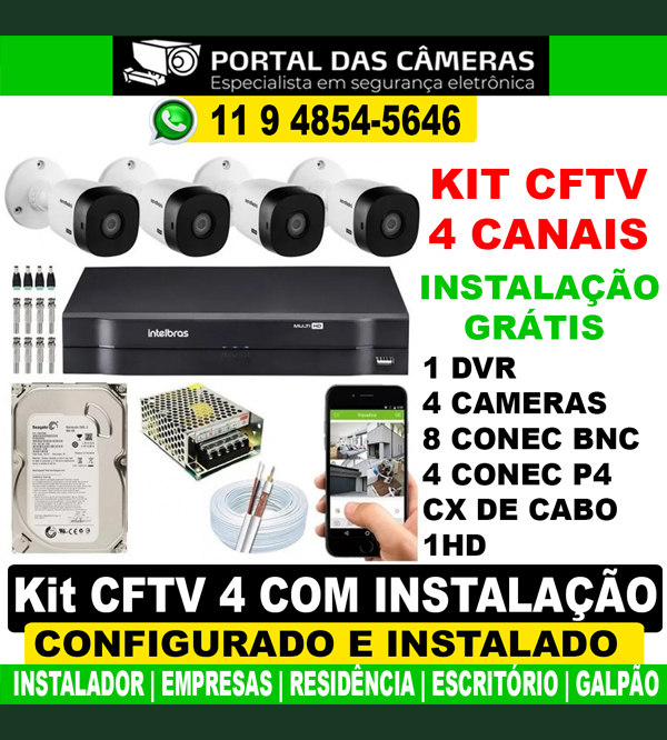 KIT 4 CÂMERAS COM INSTALAÇÃO