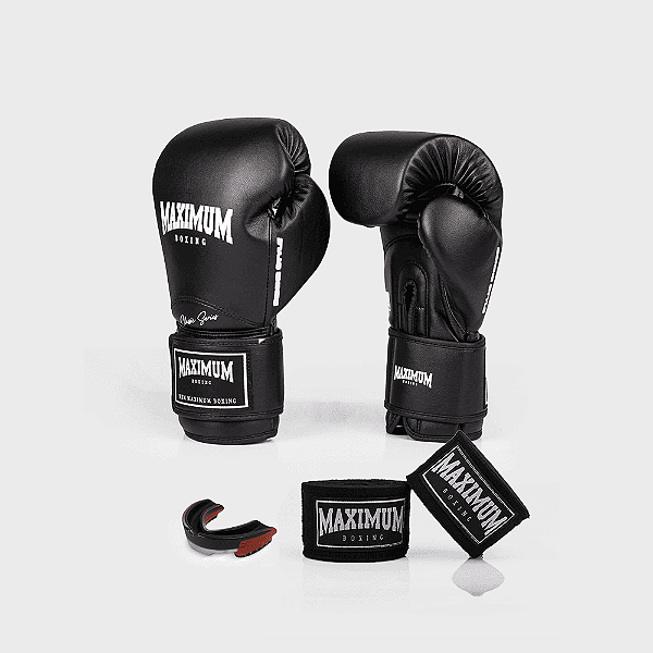 Kit luva de boxe new classic black + bucal vermelho + bandagem preta