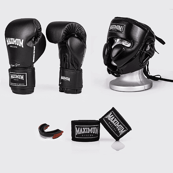 Kit luva de boxe new classic + bucal vermelho + bandagem preta + capacete de boxe lateral