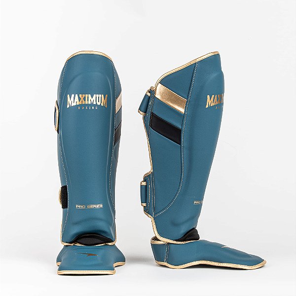 Caneleira de Muay Thai e Kickboxing Profissional Azul com Detalhes Dourado