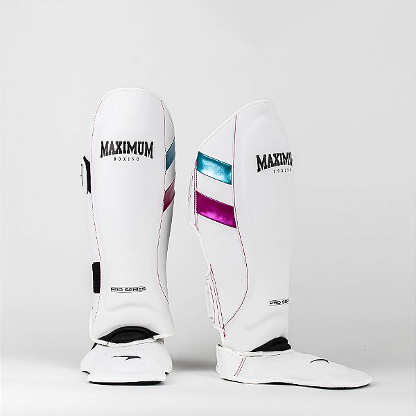 Caneleira de Muay Thai e Kickboxing Branca Detalhes Azul