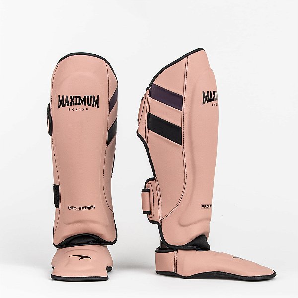 Caneleira de Muay Thai e Kickboxing Bege Detalhes Roxo