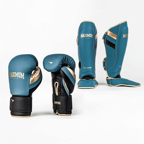 Kit Luva e Caneleira Profissional Azul e Dourado