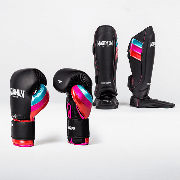 Kit Luva e Caneleira Muay Thai Profissional Preto e Azul