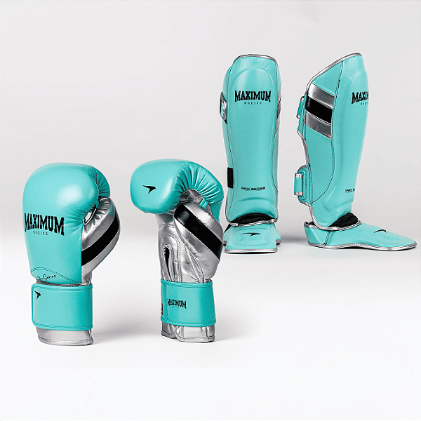 Kit Luva e Caneleira Muay Thai Profissional Azul Claro