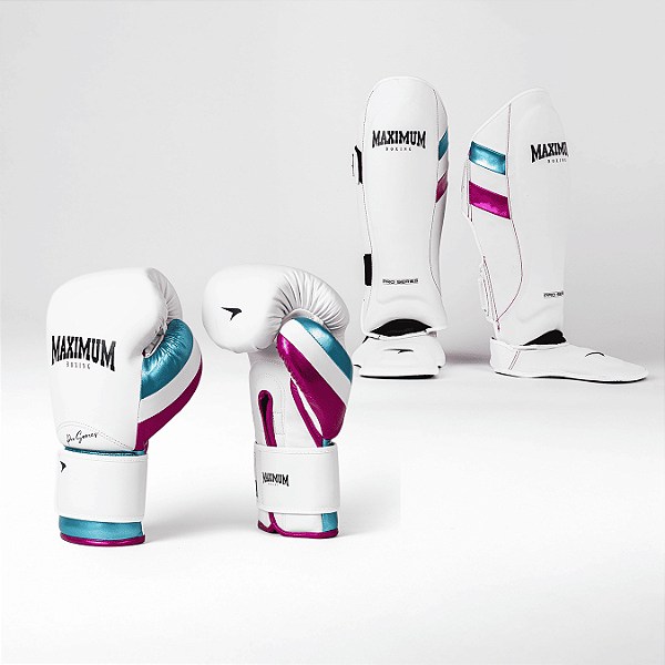 Kit Luva e Caneleira Muay Thai Profissional Branca Detalhes Azul