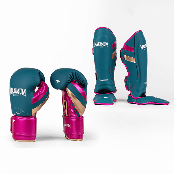 Kit Luva e Caneleira Muay Thai Azul Detalhes Rosa
