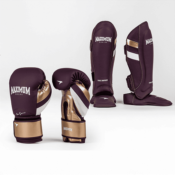 Kit Luva e Caneleira Muay Thai Roxa Detalhes Dourado