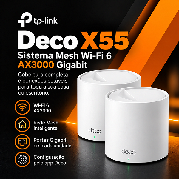 Roteador Mesh TP-Link Deco X55 Wi-Fi 6 AX3000 Gigabit Kit 2 Unidades