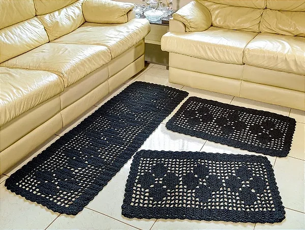 Jogo de Passadeira Rosa 3 Peças de Crochê - Cor Preta