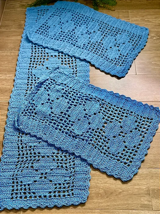Jogo de Passadeira Rosa 3 Peças de Crochê - Cor Azul Bebe