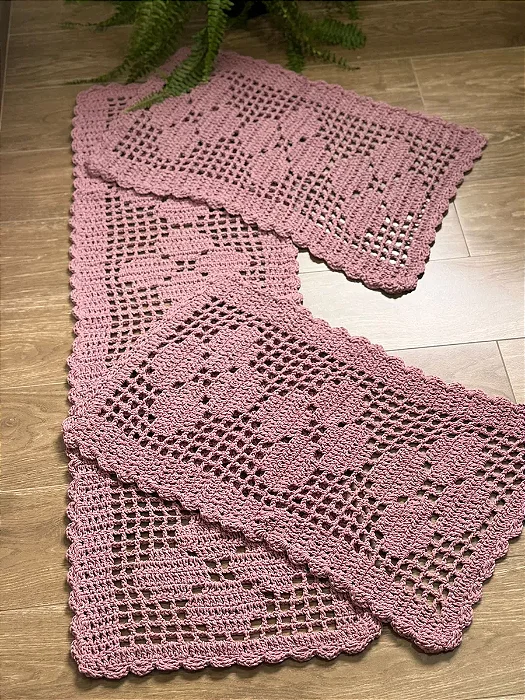 Jogo de Passadeira Rosa 3 Peças de Crochê - Cor Rosa Claro