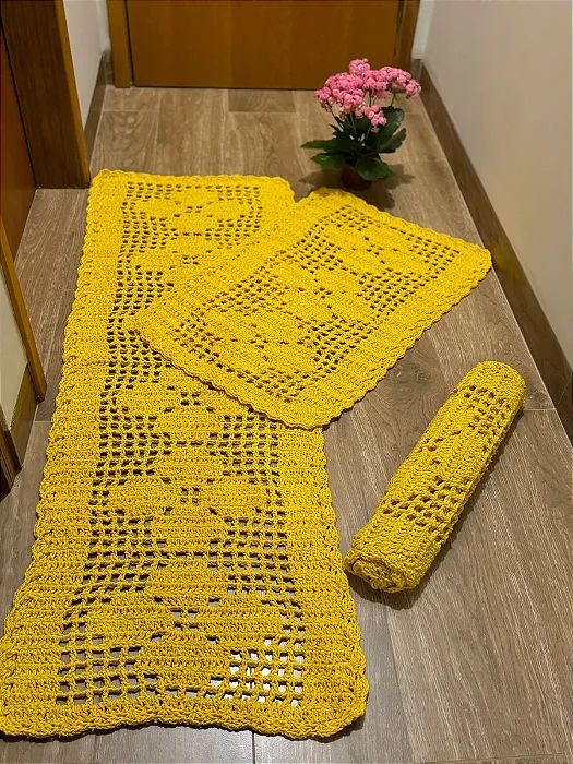 Jogo de Passadeira Rosa 3 Peças de Crochê - Cor Amarelo