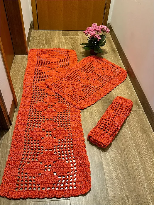 Jogo de Passadeira Rosa 3 Peças de Crochê - Cor Laranja