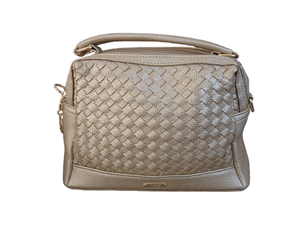 Bolsa DOURADA, frente trançada, zíper externo traseiro