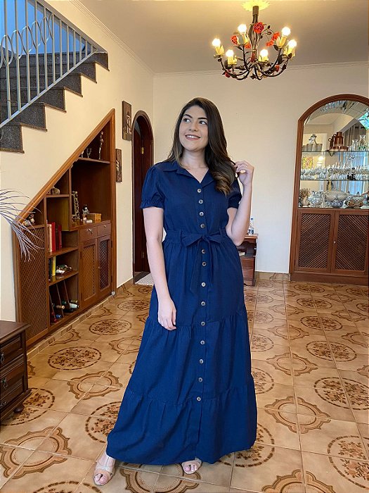 Chemise longa de linho (Azul Marinho)