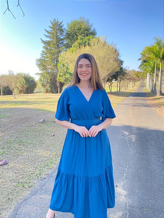 Vestido transpassado liso (Azul Petróleo)
