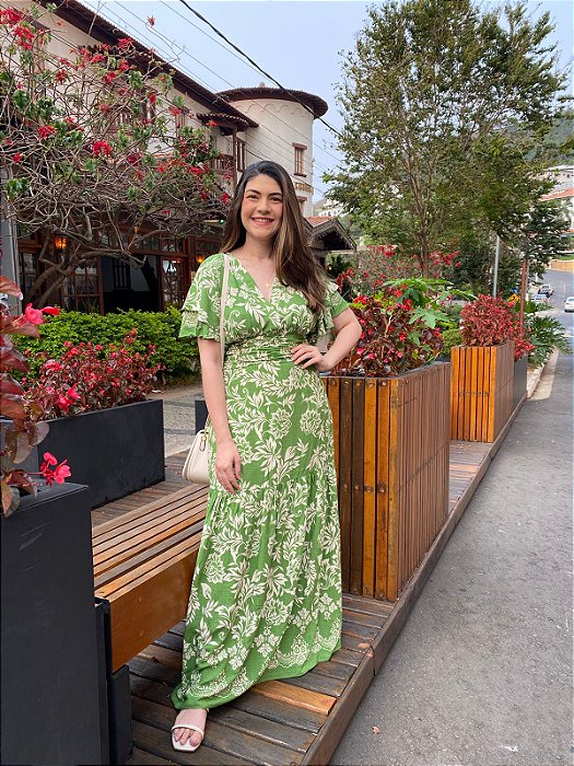 Vestido longo transpassado estampado (Verde)