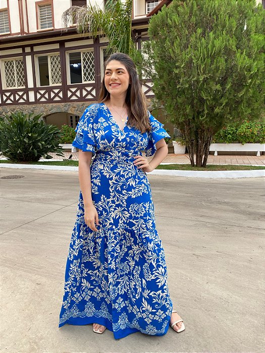 Vestido longo transpassado estampado (Azul)