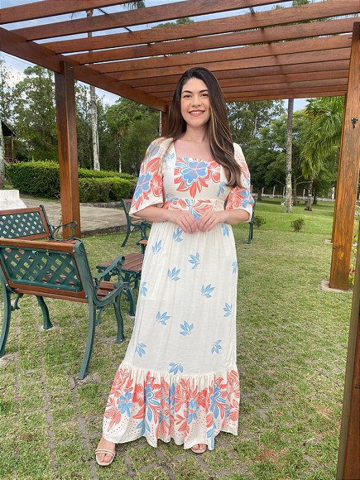 Vestido Florido (Azul e Pêssego)