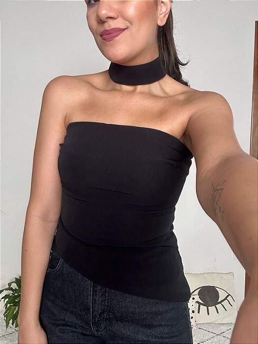 Corset tomara que caia assimétrico com choker
