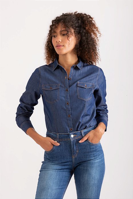 Camisa Jeans feminina Gabriela cor escura - Opção Jeans