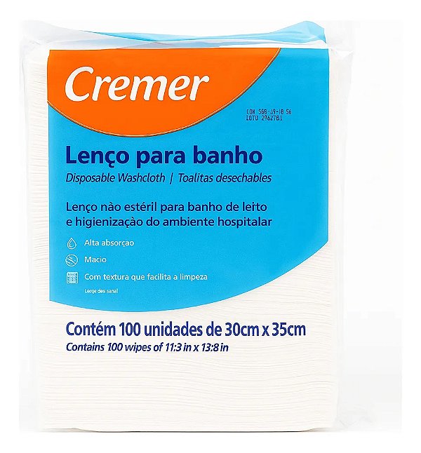 LENÇO PARA BANHO DE LEITO 30 X 35 CM (100 UN) CREMER