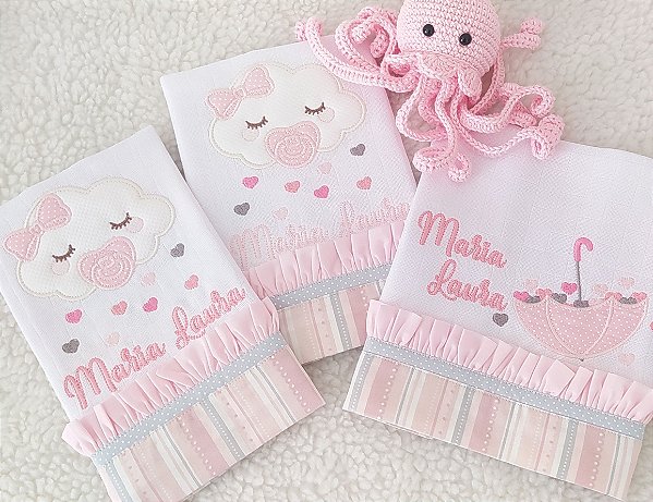 Trio de Fraldas de Boca  Bordado Linha Mabber