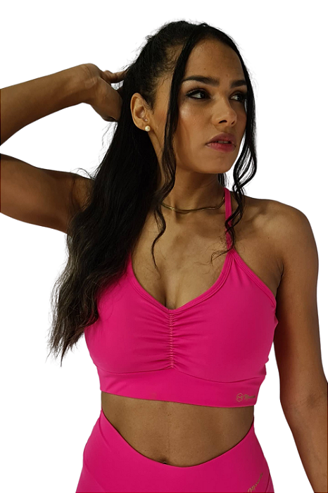 Top luxo essence franzido rosa barbie com bojo