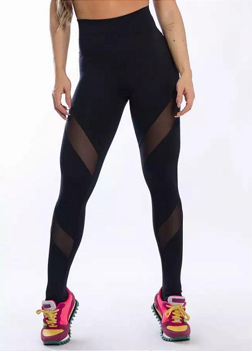 Legging luxo preta com tule frontal