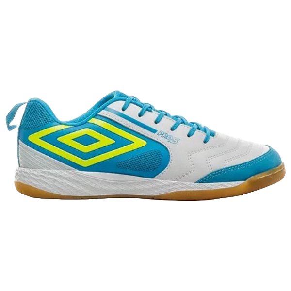 Chuteira Futsal Umbro Pro 5 Bump Branco/ Azul/ Limão