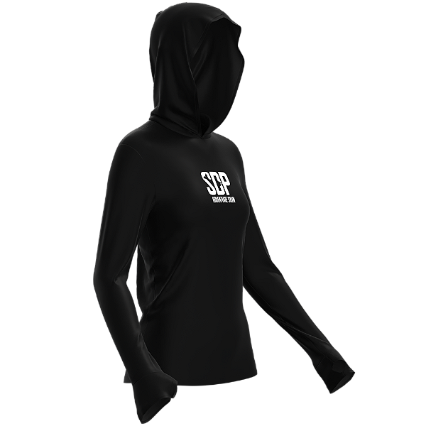 Camisa Poliamida Feminina com Capuz, Passante no Polegar, Preta