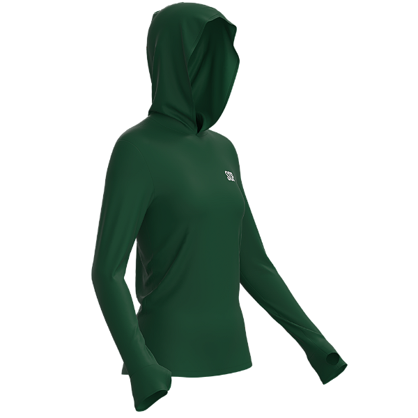 Camisa Poliamida Feminina com Capuz, Passante no Polegar, Verde