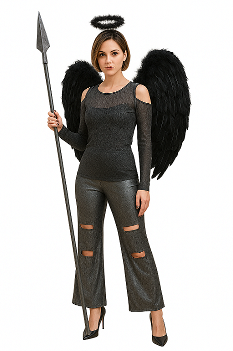 Fantasia conjunto Anjo Negro luxo adulto com asa e tiara