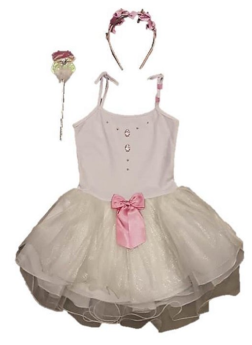 Fantasia vestido Fada branca infantil com tiara e varinha