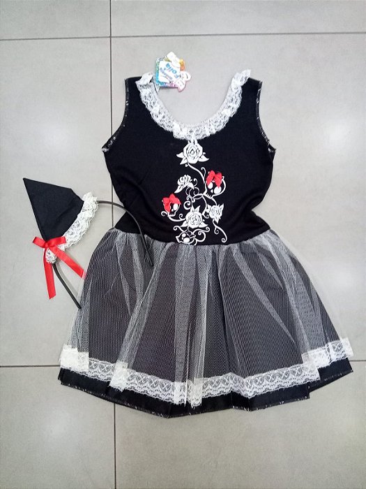 Fantasia vestido Bruxa caveirinha infantil com tiara