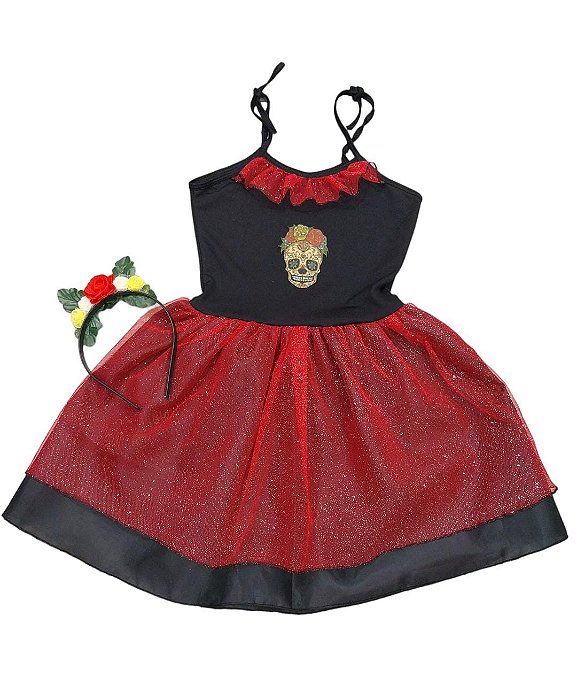 Fantasia vestido Caveira Mexicana infantil com tiara