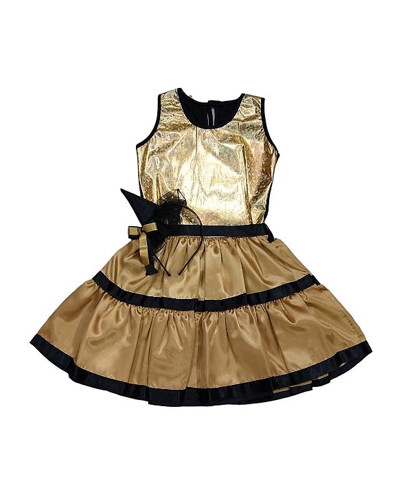 Fantasia vestido Bruxa dourada infantil com tiara