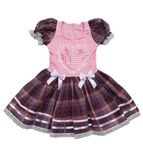 Vestido junino xadrez coração paetê infantil